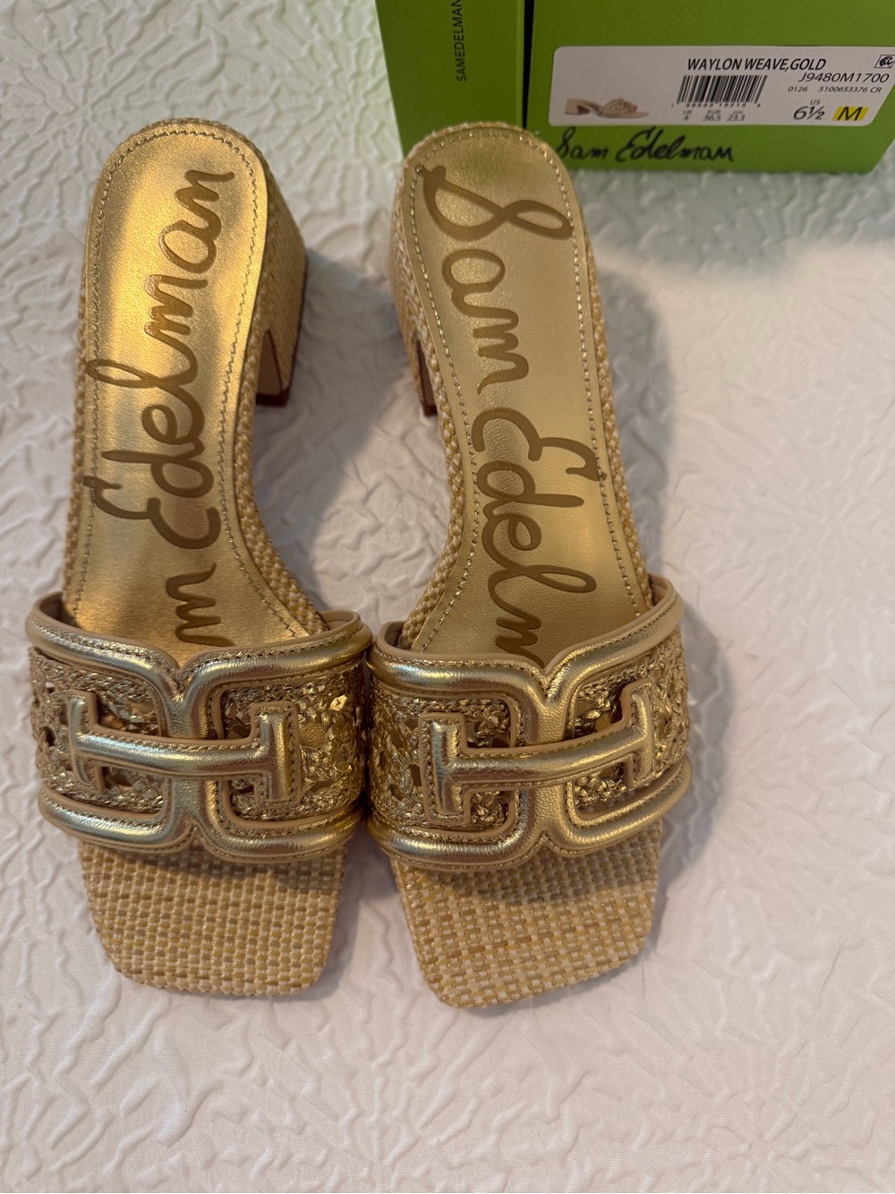 Sam Edelman Gold Woven Open-Toe Block Heel Slide Sandal